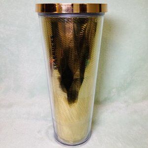 Starbucks - 2014 Gold Faceted Cold 24 oz Venti Tumbler Travel Cup W/Gold Lid